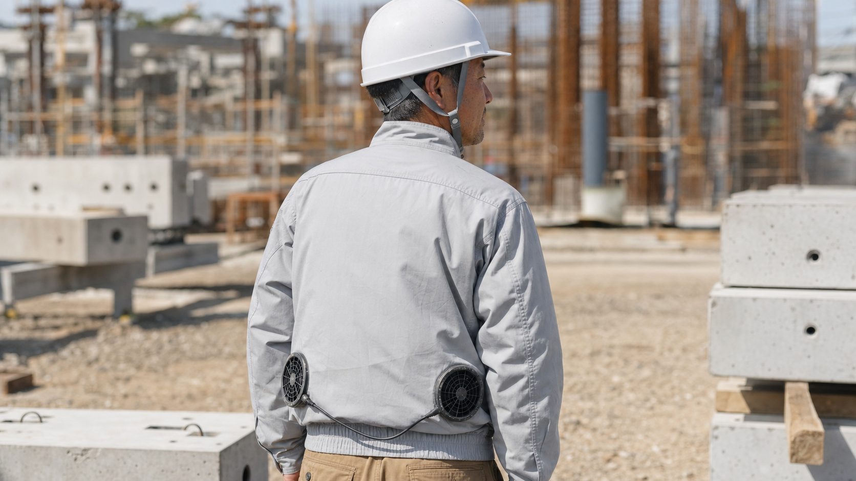 Worker in a fan-cooled jacket under hard sun (illustration)