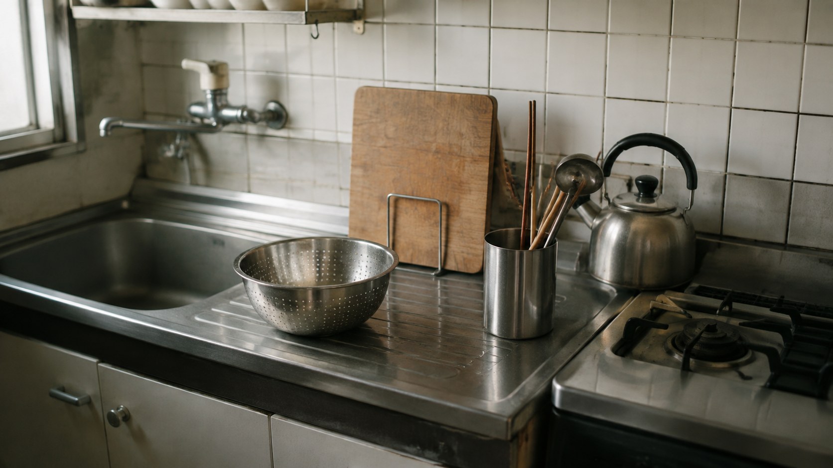 A narrow Japanese kitchen counter: a stainless sink, a steel bowl, a wooden cutting board upright in a stand, chopsticks in a cup and a kettle by the burners (illustration)