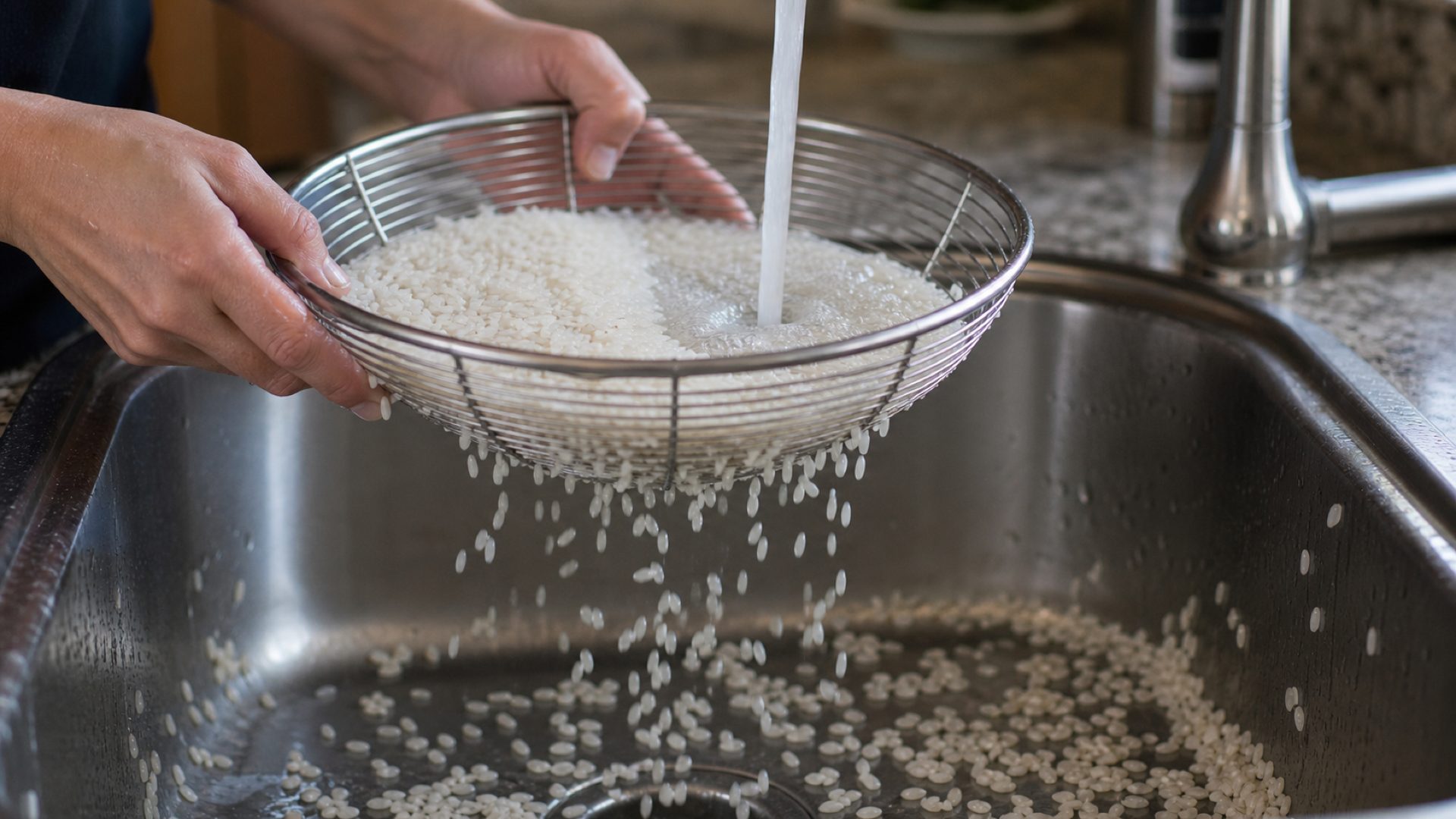 Rice grains slipping through the holes of a wire colander (illustration)
