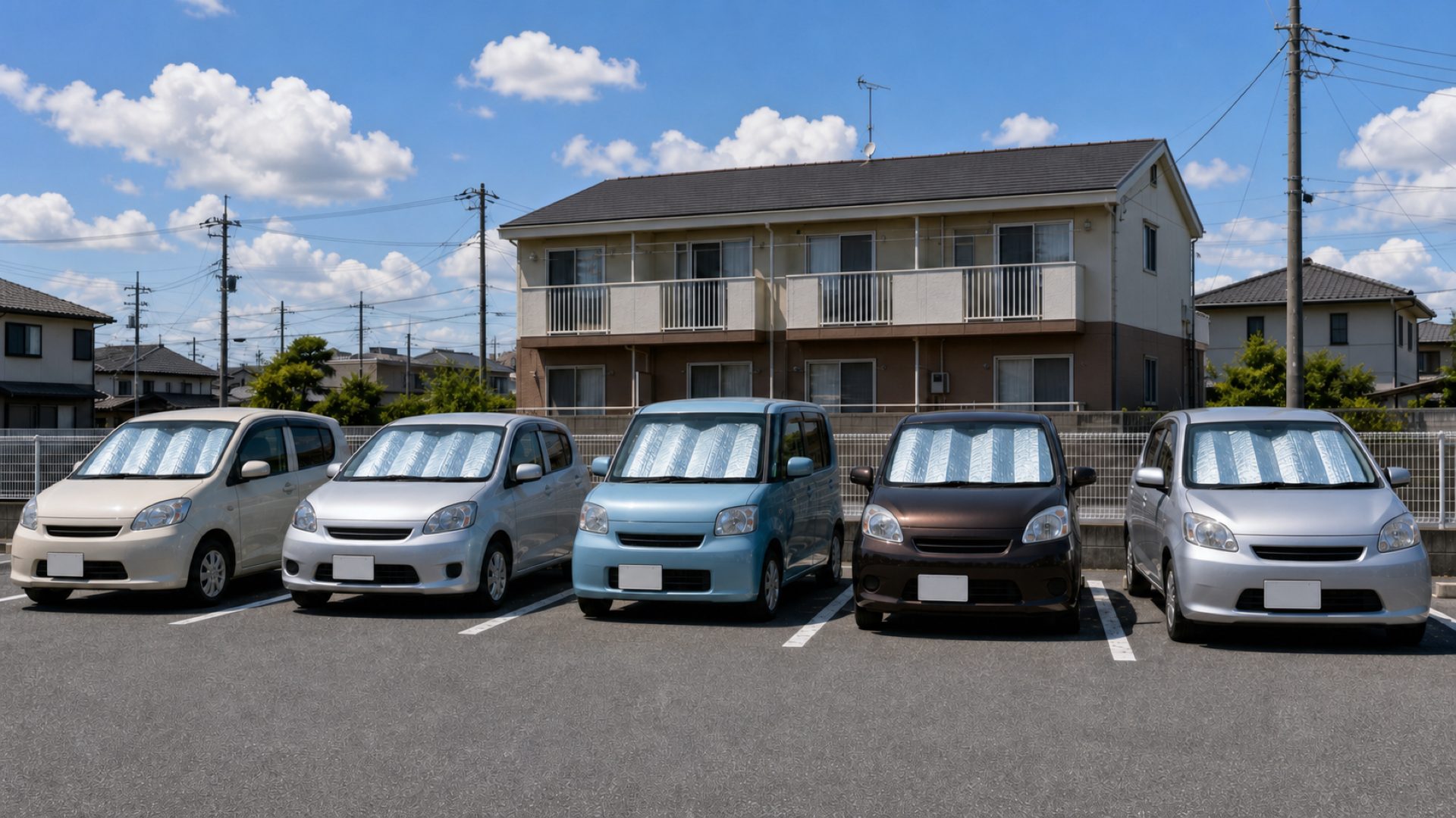 A row of parked cars in Japan with reflective sunshades in every windshield (illustration)