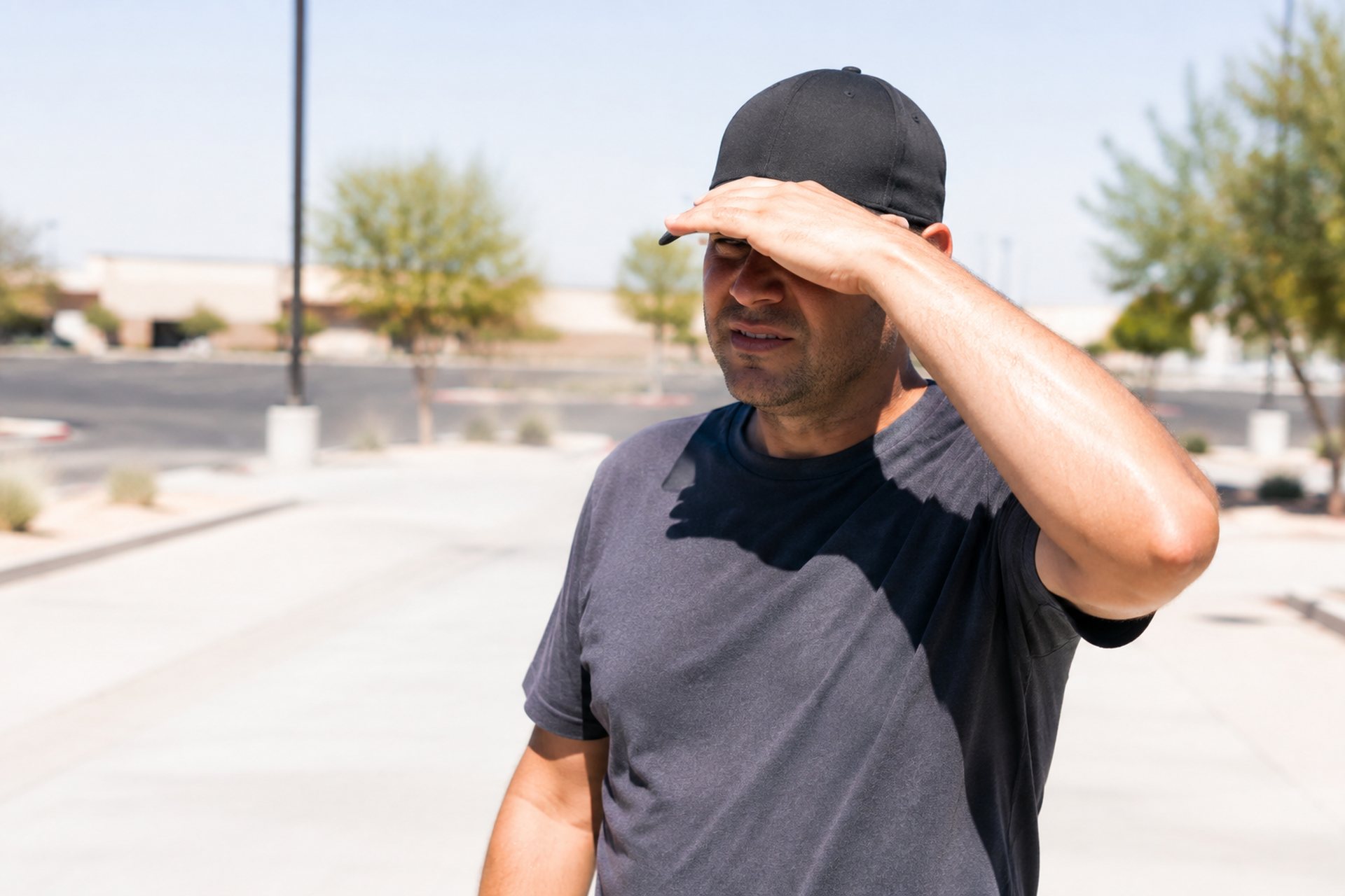 Person in a ball cap squinting on a sunny sidewalk (illustration)